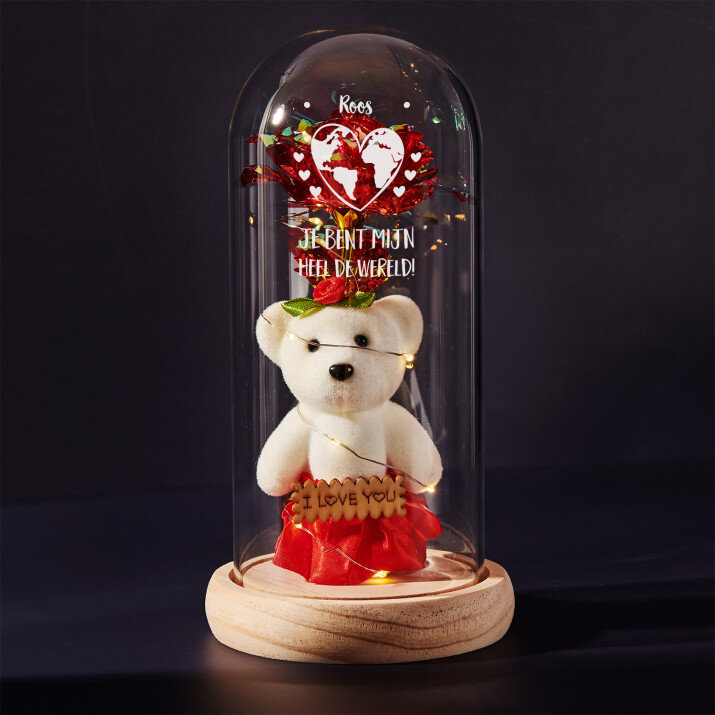 heel de wereld - Een eeuwige roos met teddybeer heel de wereld - Een eeuwige roos met teddybeer