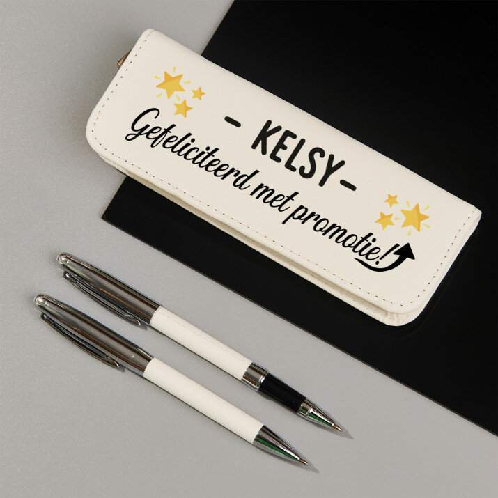 Schrijfset in lederen etui - Gefeliciteerd met promotie