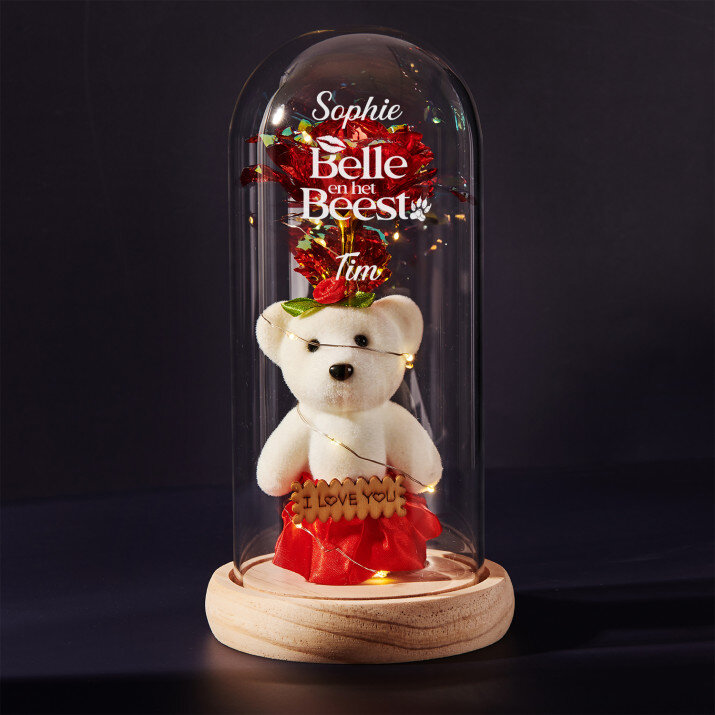 belle en het beest - Een eeuwige roos met teddybeer belle en het beest - Een eeuwige roos met teddybeer