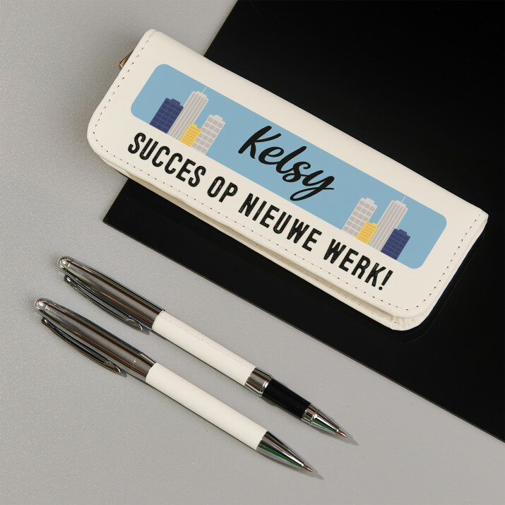 Schrijfset in lederen etui - Succes op nieuwe werk