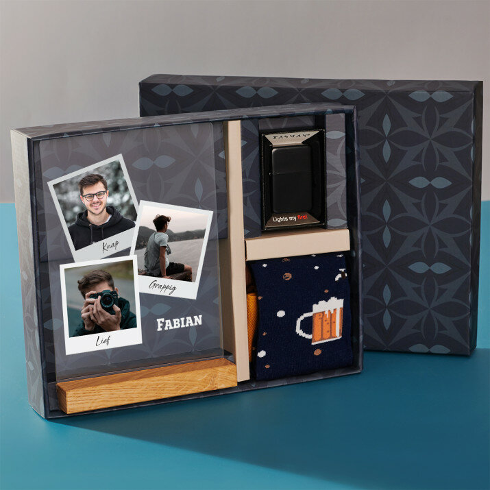 Cadeauset voor de broer met afdruk op glas en aansteker