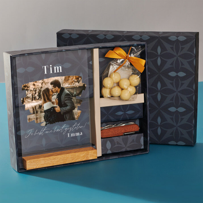 Cadeauset voor vriendje met afdruk op glas en zakmes