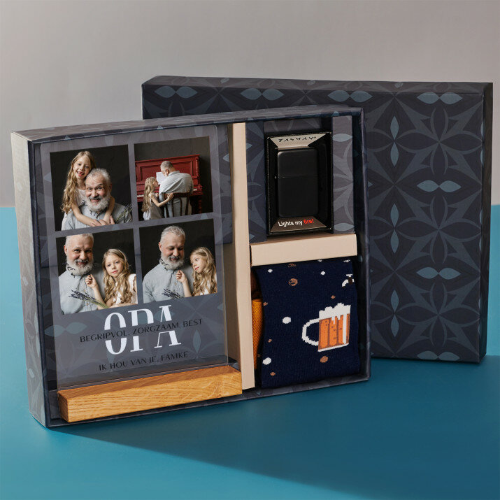 Cadeauset voor de opa met afdruk op glas en aansteker