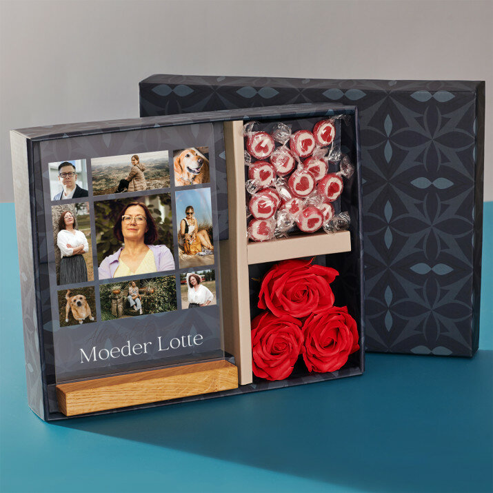 Cadeauset voor de moeder met afdruk op glas en snoepjes