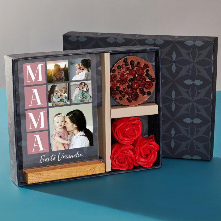 Cadeauset met voor de moeder afdruk op glas en chocolade