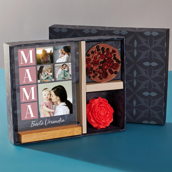 Cadeauset met voor de moeder afdruk op glas en chocolade