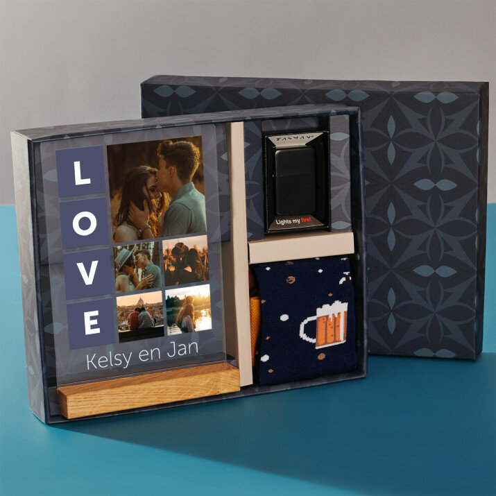 Cadeauset voor hem voor de valentijn met afdruk op glas en aansteker