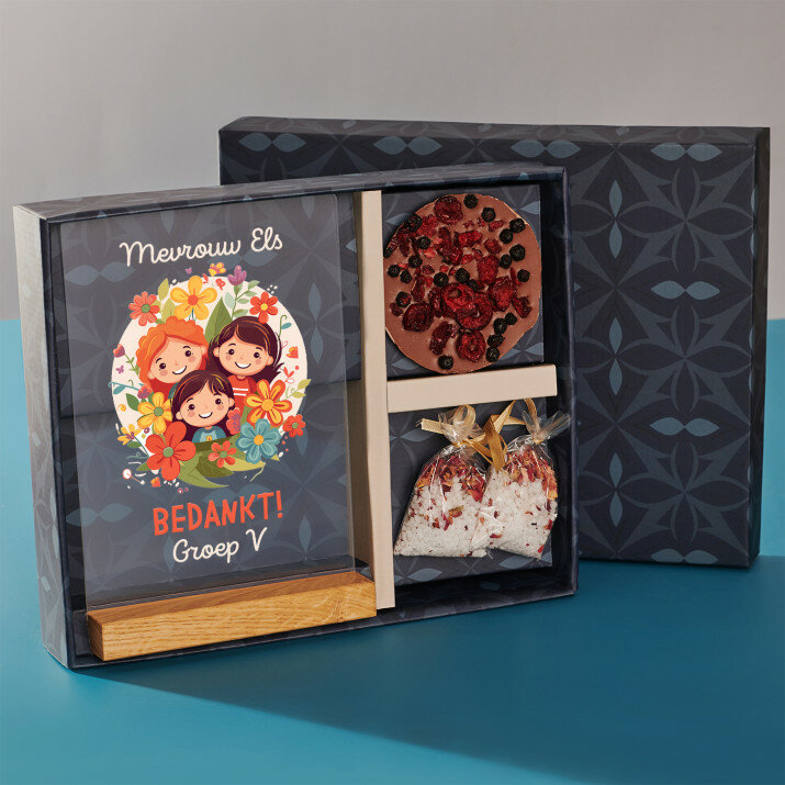 voor de kleuterjuf - Cadeauset met afdruk op glas en badzout