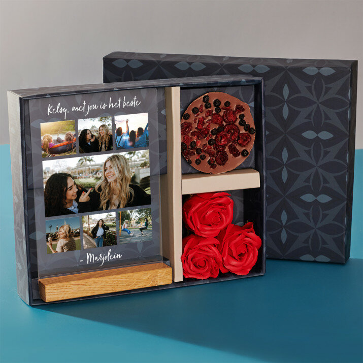 Cadeauset met  voor de beste vriendin afdruk op glas en chocolade