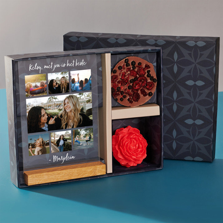 Cadeauset met  voor de beste vriendin afdruk op glas en chocolade