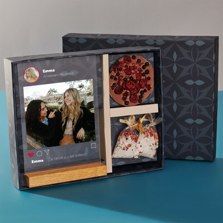 Cadeauset voor de zus met afdruk op glas en badzout