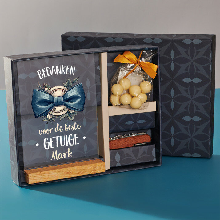 Cadeauset voor de getuige met afdruk op glas en zakmes