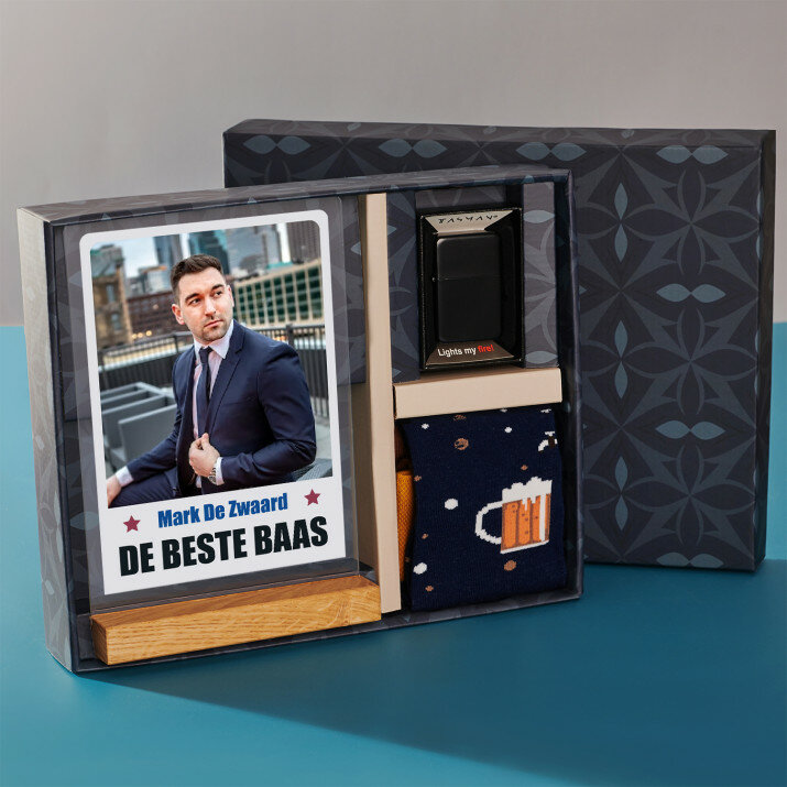 Cadeauset voor de baas met afdruk op glas en aansteker