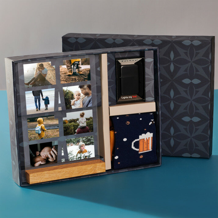 Cadeauset voor de vader met afdruk op glas en aansteker