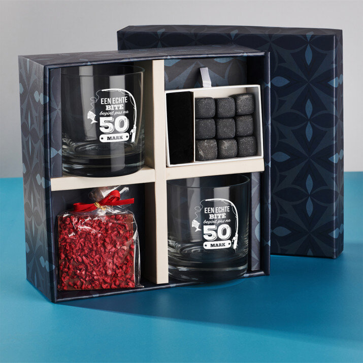 Cadeauset met voor de visser whisky glazen