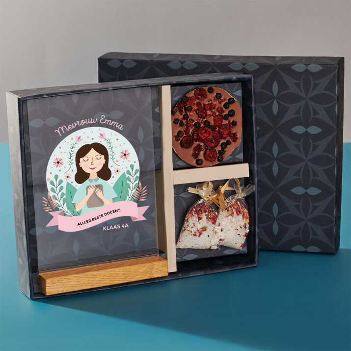 Cadeauset voor de docent met afdruk op glas en badzout