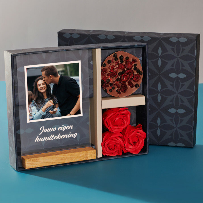 Cadeauset met voor de echtgenote afdruk op glas en chocolade