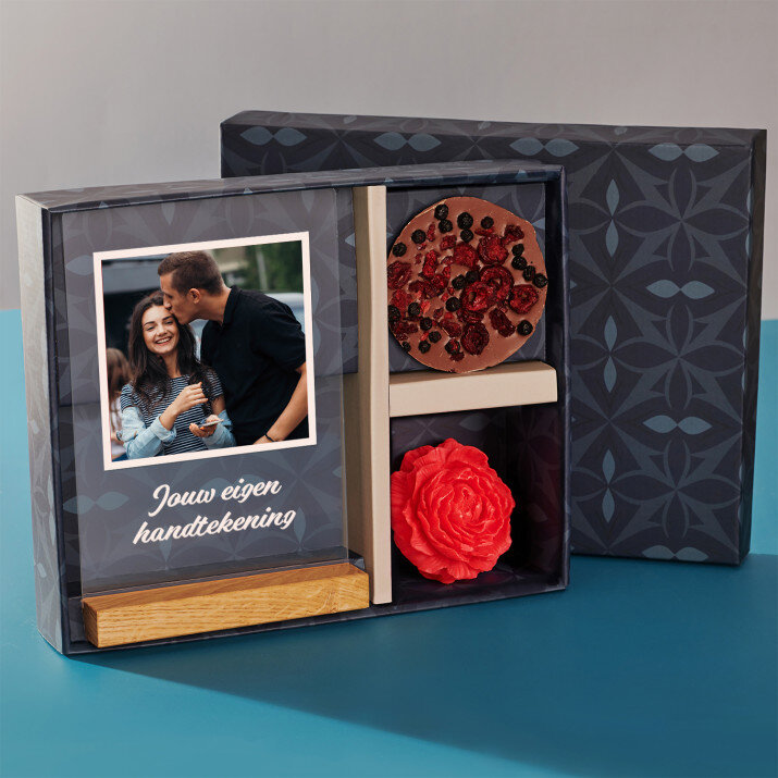 Cadeauset met voor de echtgenote afdruk op glas en chocolade