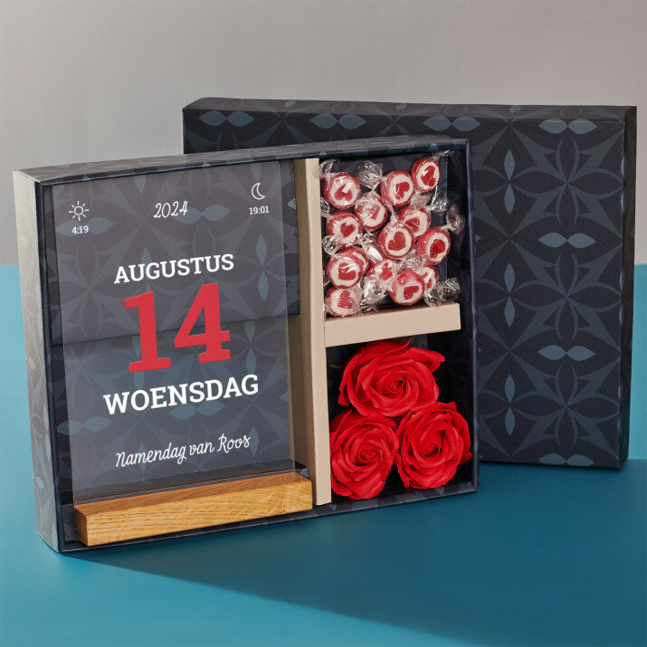Cadeauset voor de namendag met afdruk op glas en snoepjes