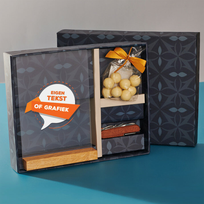 Cadeauset eigen project met afdruk op glas en zakmes
