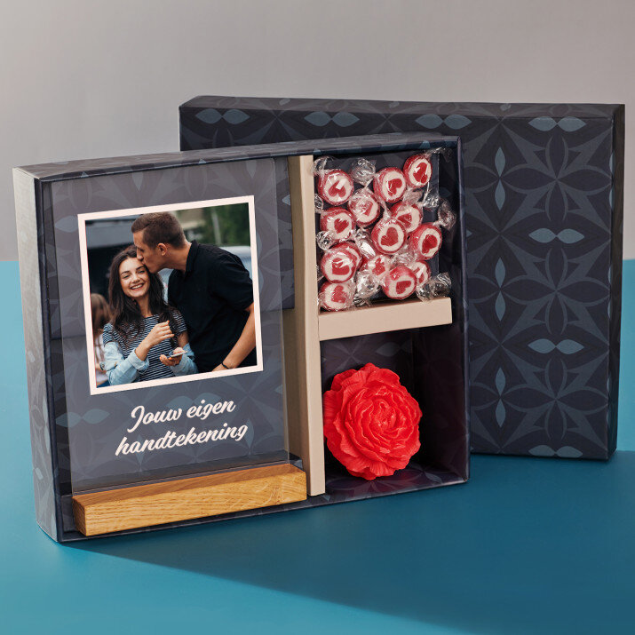Cadeauset met jouw foto met afdruk op glas en snoepjes