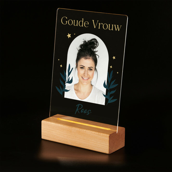 Goude vrouw - Afdruk op acrylglas met LED- standaard